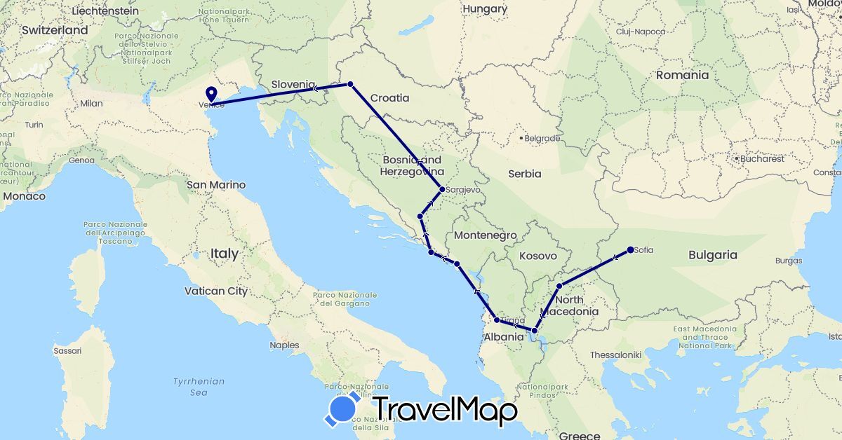 TravelMap itinerary: driving in Albania, Bosnia and Herzegovina, Bulgaria, Croatia, Italy, Montenegro, Macedonia (Europe)